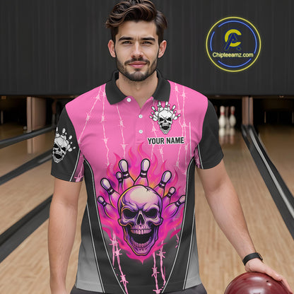 Black and pink flame skull Bowling Polo, 1/4 Zip Shirt for men Custom Team Bowling League Jersey NQS10203