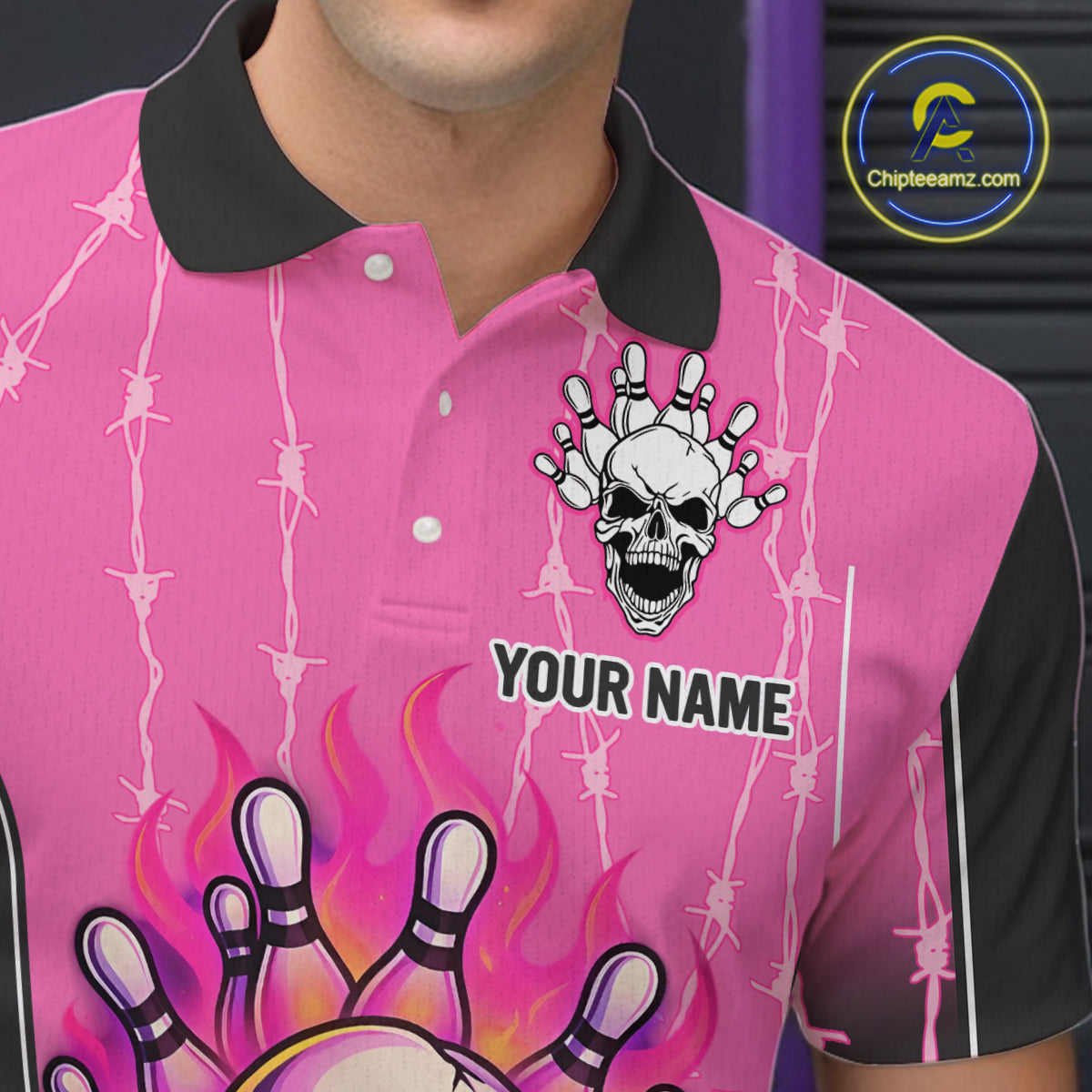 Black and pink flame skull Bowling Polo, 1/4 Zip Shirt for men Custom Team Bowling League Jersey NQS10203