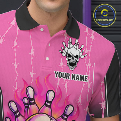 Black and pink flame skull Bowling Polo, 1/4 Zip Shirt for men Custom Team Bowling League Jersey NQS10203