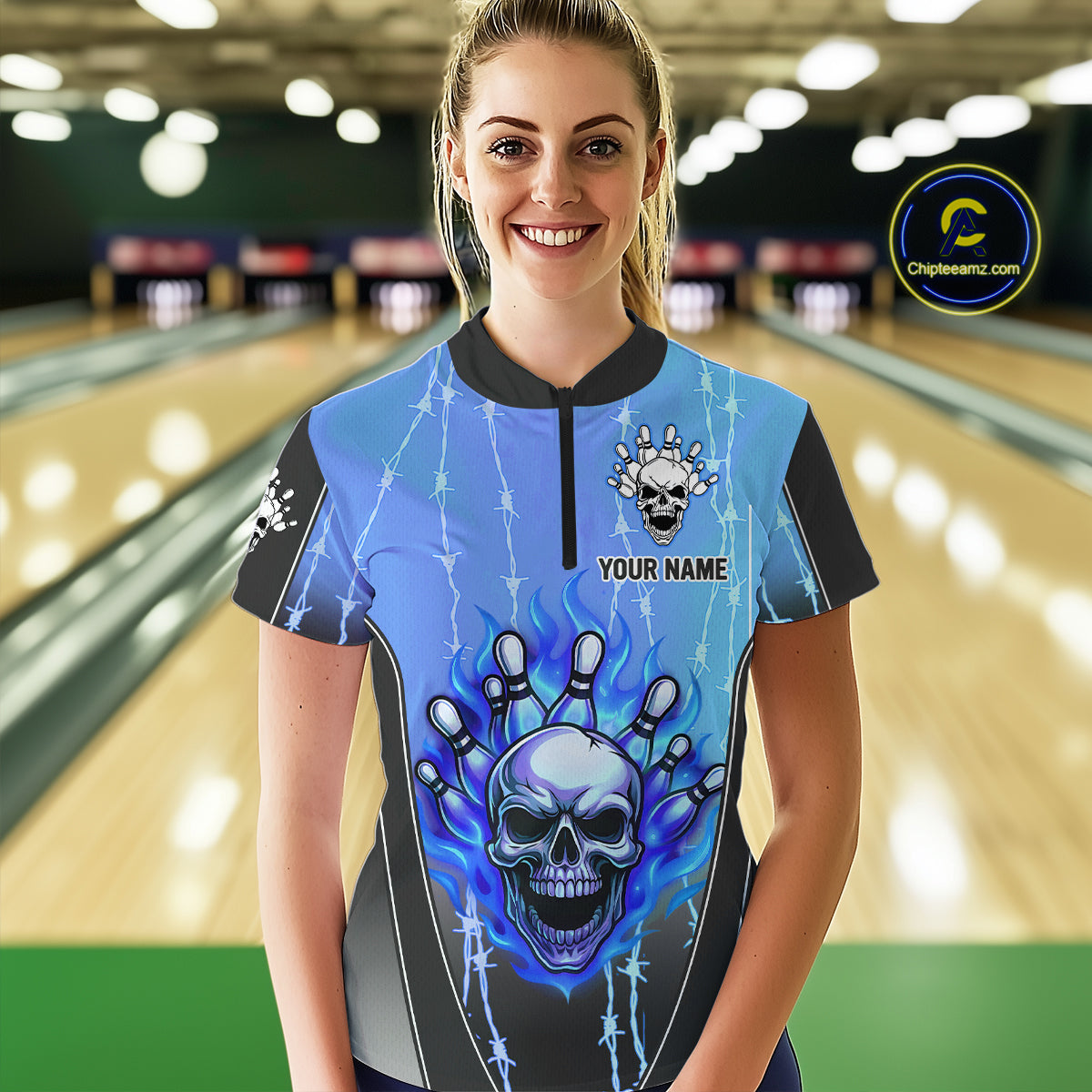 Black and blue flame skull Bowling Polo, 1/4 Zip Shirt for Women Custom Team Bowling League Jersey NQS10205
