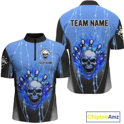 Black and blue flame skull Bowling Polo, 1/4 Zip Shirt for men Custom Team Bowling League Jersey NQS10205