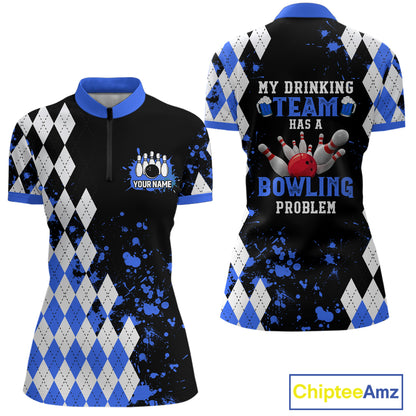 Blue argyle pattern Retro Bowling Shirts For Women Custom My drinking team has a bowling problem NQS9824
