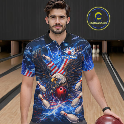 US Flag Eagle Bowling Shirts for Men Custom Blue Lightning Thunder Patriotic Team Bowling Jerseys NQS11581
