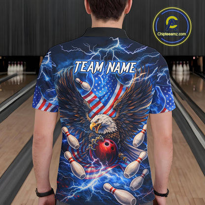 US Flag Eagle Bowling Shirts for Men Custom Blue Lightning Thunder Patriotic Team Bowling Jerseys NQS11581