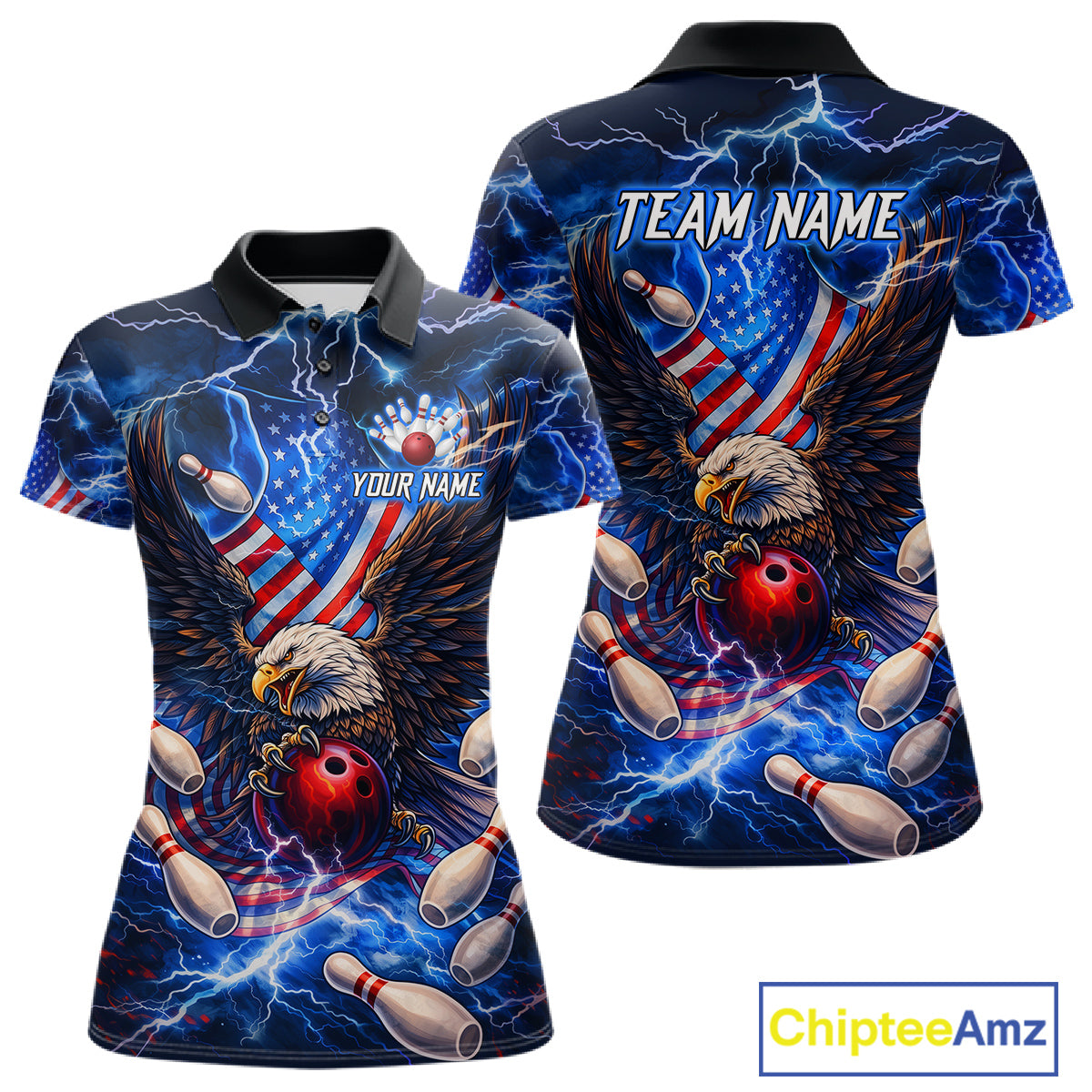 US Flag Eagle Bowling Shirts for Women Custom Blue Lightning Thunder Patriotic Team Bowling Jerseys NQS11581