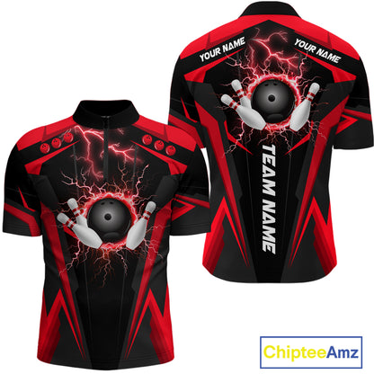 Black Mens bowling Polo, Quarter Zip shirt Custom lightning thunder team league bowling jerseys | Red NQS10373