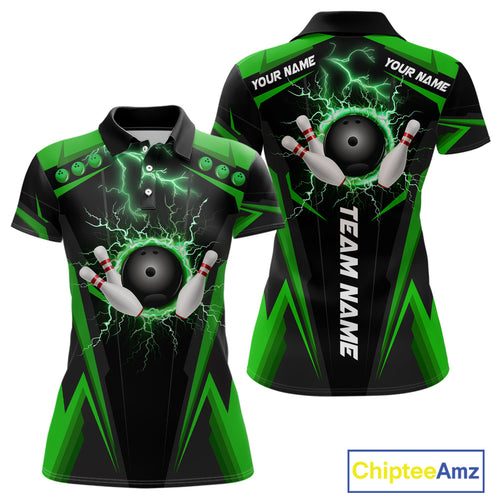 Black Women bowling Polo, 1/4 Zip shirt Custom lightning thunder team league bowling jersey | Green NQS10374