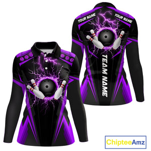 Black Women bowling Polo, 1/4 Zip shirt Custom lightning thunder team league bowling jersey | Purple NQS10375