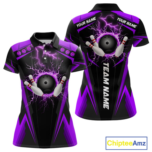 Black Women bowling Polo, 1/4 Zip shirt Custom lightning thunder team league bowling jersey | Purple NQS10375