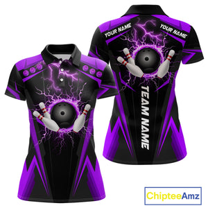Black Women bowling Polo, 1/4 Zip shirt Custom lightning thunder team league bowling jersey | Purple NQS10375