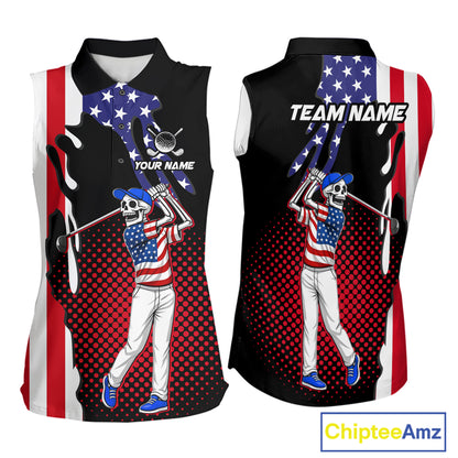 Personalized US flag golf shirts funny skull womens golf shirts sleeveless custom ladies golf apparel NQS11384