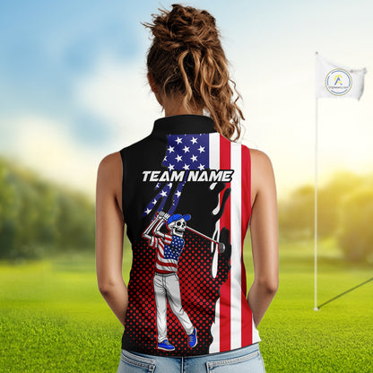 Personalized US flag golf shirts funny skull womens golf shirts sleeveless custom ladies golf apparel NQS11384
