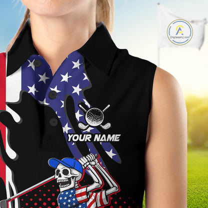 Personalized US flag golf shirts funny skull womens golf shirts sleeveless custom ladies golf apparel NQS11384