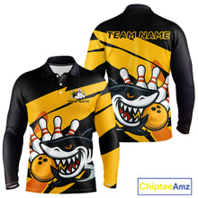 Load image into Gallery viewer, Black and yellow shark Bowling polo, quarter zip shirt for men custom Shark Bowling team league shirt NQS10393