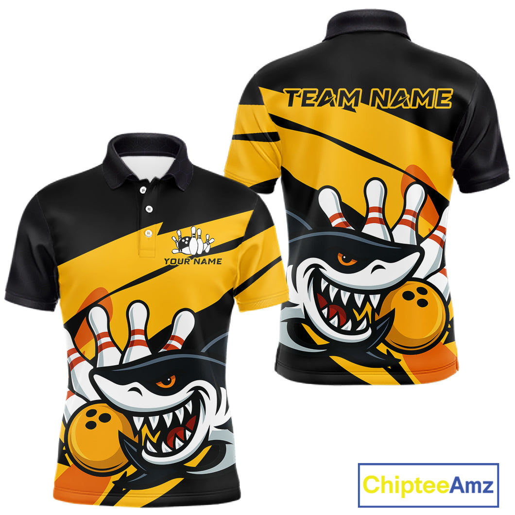 Black and yellow shark Bowling polo, quarter zip shirt for men custom Shark Bowling team league shirt NQS10393