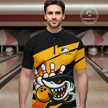 Load image into Gallery viewer, Black and yellow shark Bowling polo, quarter zip shirt for men custom Shark Bowling team league shirt NQS10393
