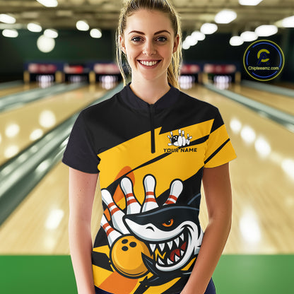 Black and yellow shark Women Bowling polo, quarter zip shirt custom Shark Bowling team league shirt NQS10393