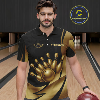 Black and Gold Mens Bowling Polo, Quarter Zip Shirts Custom Team Bowling League Jersey NQS10079