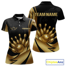 Load image into Gallery viewer, Black and Gold Women Bowling Polo, Quarter Zip Shirts Custom Team Bowling League Jersey NQS10079
