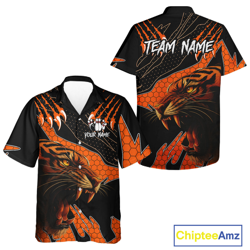 Personalized Tiger Bowling Team Hawaiian Shirt, Black And Orange Tiger Bowling Jerseys NQS10398