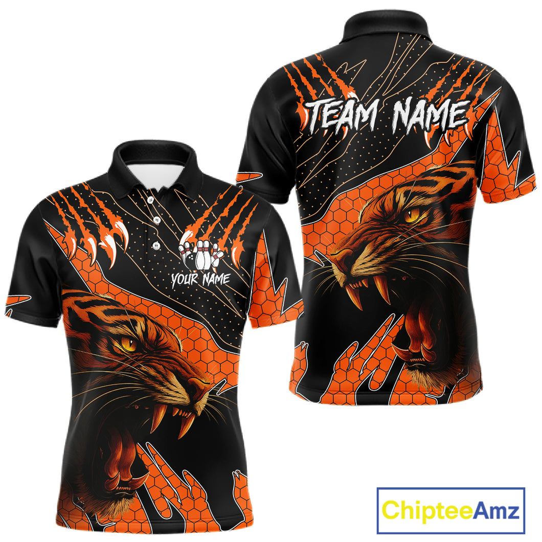 Personalized Tiger Bowling Team Men Polo, Quarter Zip Shirts, Black And Orange Tiger Bowling Jerseys NQS10398