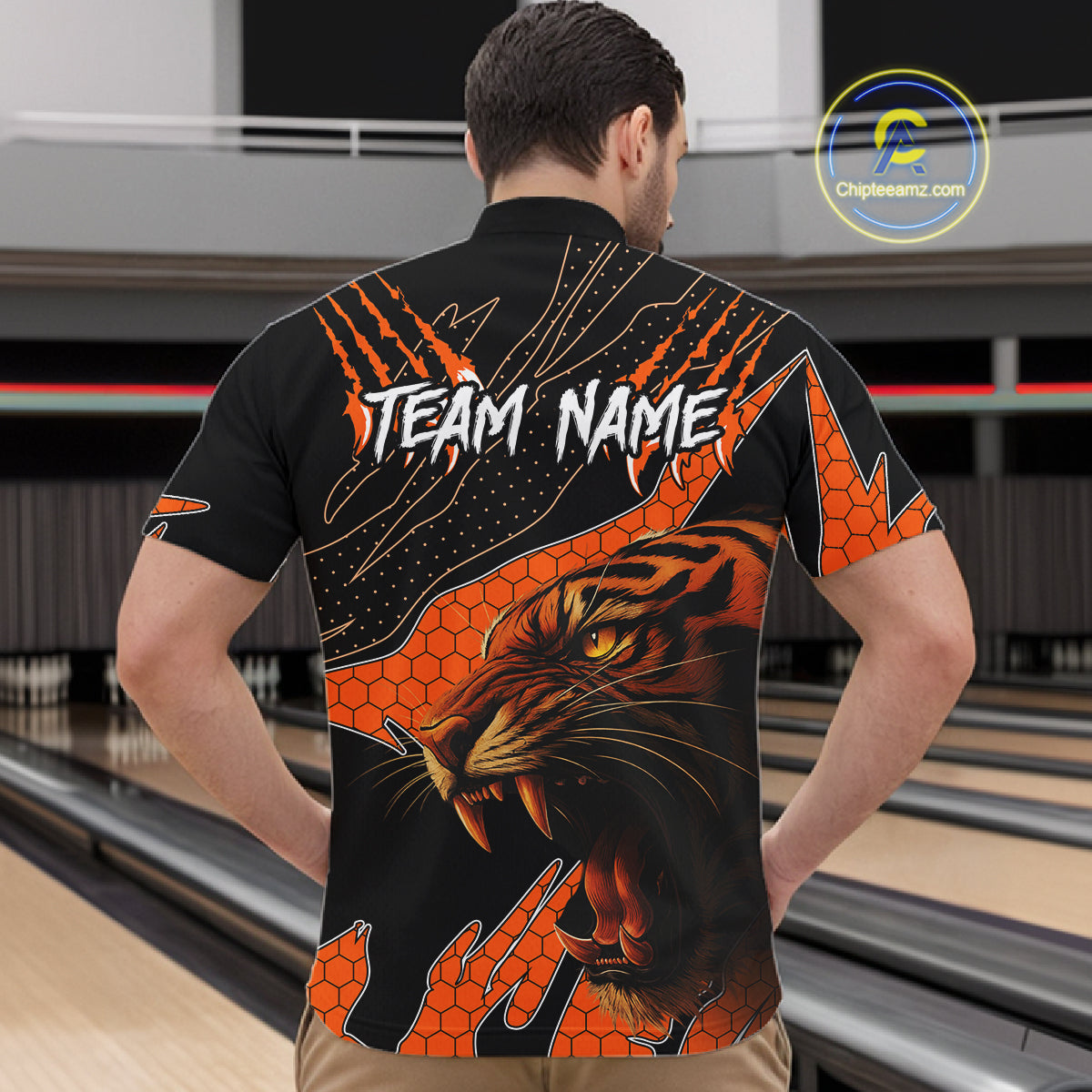 Personalized Tiger Bowling Team Men Polo, Quarter Zip Shirts, Black And Orange Tiger Bowling Jerseys NQS10398