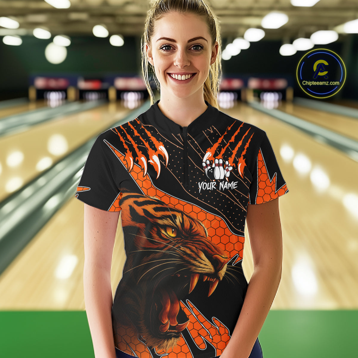 Personalized Tiger Bowling Team Women Polo, Quarter Zip Shirt, Black And Orange Tiger Bowling Jerseys NQS10398