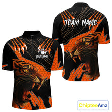 Load image into Gallery viewer, Personalized Tiger Bowling Team Men Polo, Quarter Zip Shirts, Black And Orange Tiger Bowling Jerseys NQS10398