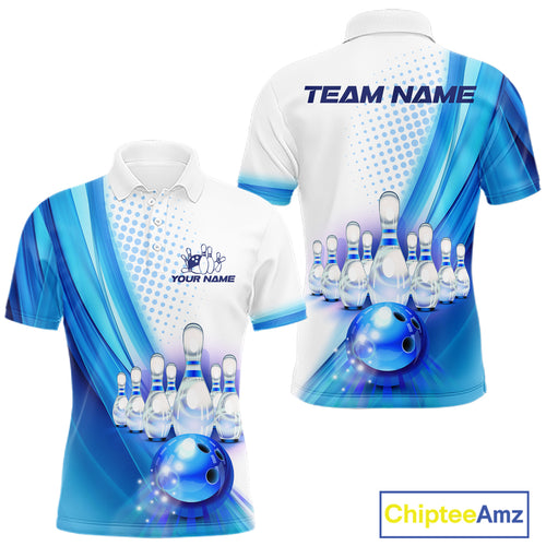 Custom Blue and White Bowling Mens Polo, Quarter Zip Shirts, Bowlers Outfit NQS10607