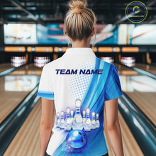 Load image into Gallery viewer, Custom Blue and White Bowling Women&#39;s Polo, Quarter Zip Shirts, Bowlers Outfit NQS10607