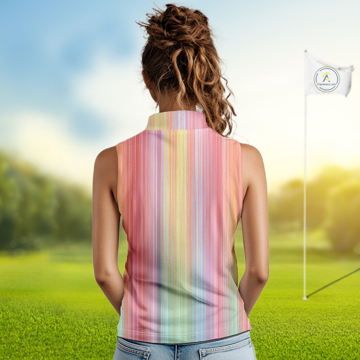 Colorful rainbow stripe pattern Women Sleeveless polo shirt custom best golf apparel for ladies NQS10406