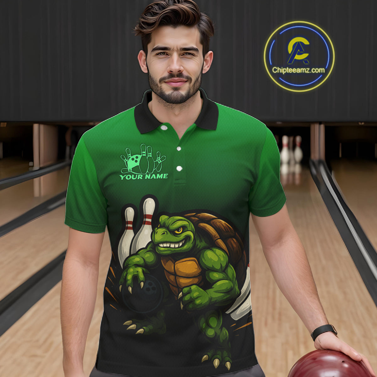 Custom Green Turtle Bowling Polo, Quarter Zip shirts For Men, Bowling tournament Team Jerseys NQS10624
