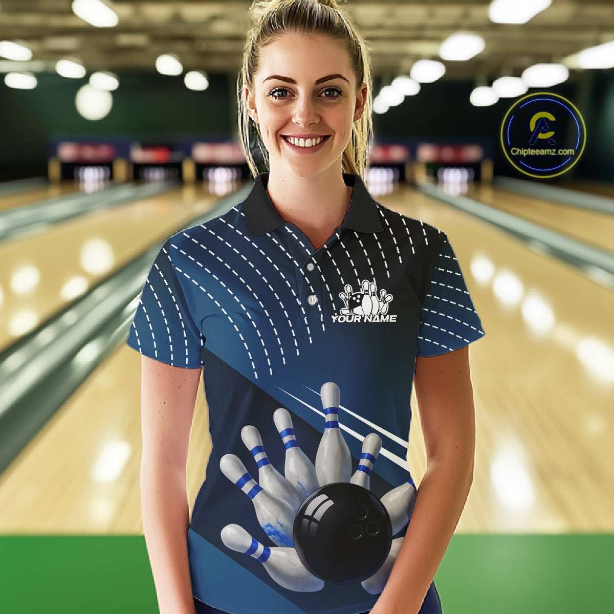 Black and Blue Bowling Polo, Quarter Zip shirts For Women Custom Bowling tournament Team Jerseys NQS10625