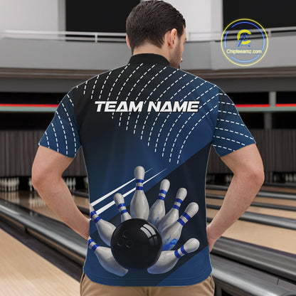 Black and Blue Bowling Polo, Quarter Zip shirts For Men Custom Bowling tournament Team Jerseys NQS10625