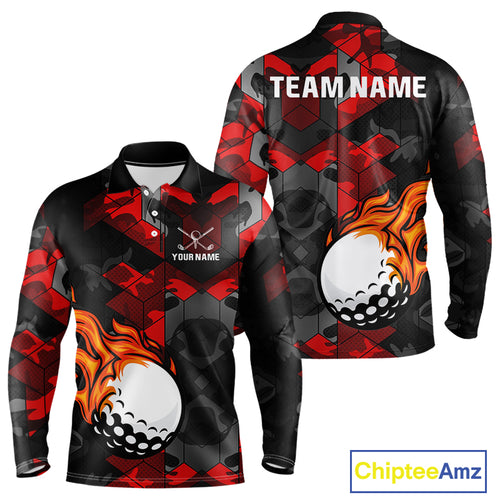 Black and Red Camo Flame Golf Ball Custom Men golf polo shirt, personalized golf top for men NQS10100