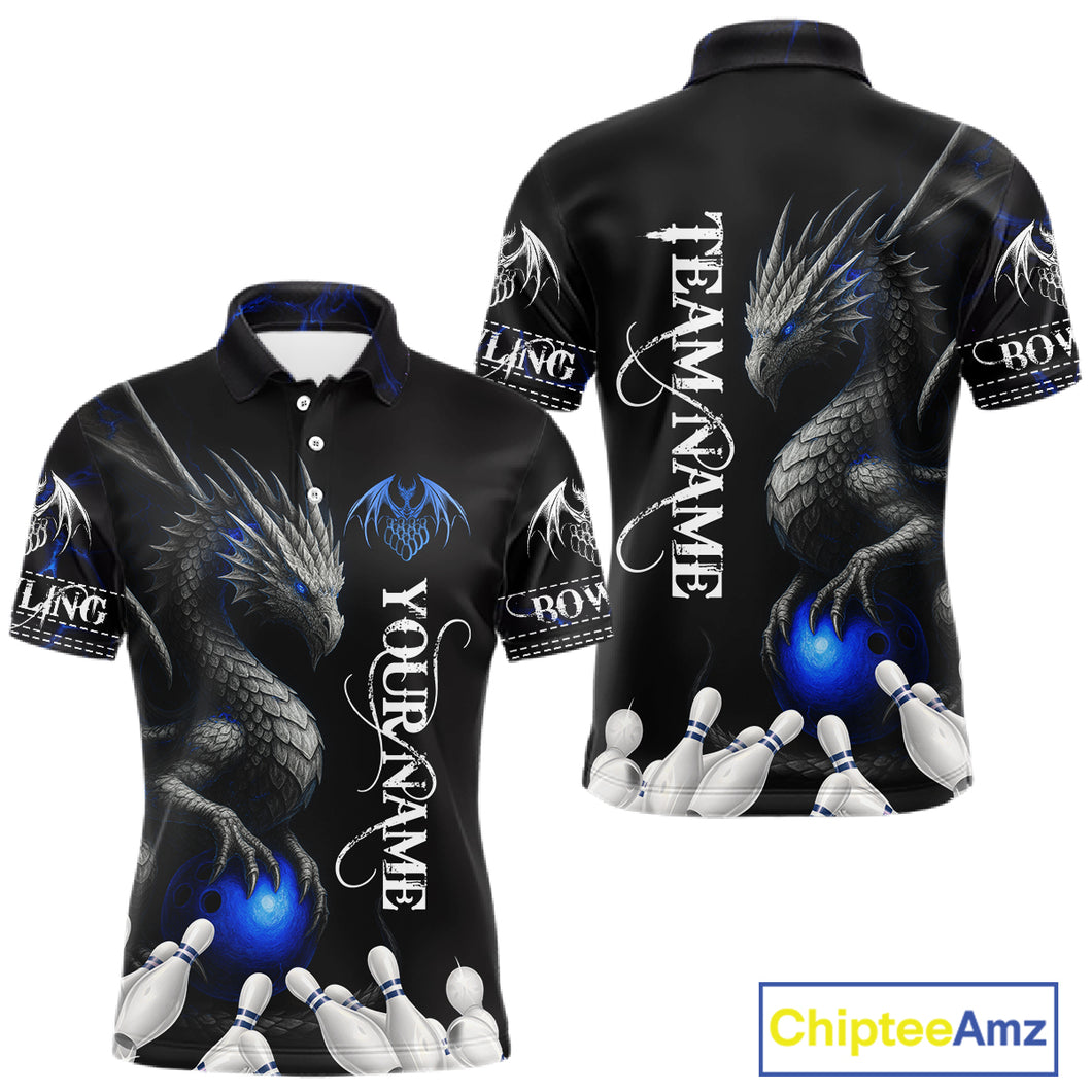 Black And Blue Dragon Bowling Polo, 1/4 Zip Shirt For Men Custom Dragon Bowling Team League Jersey NQS10628