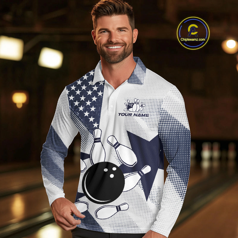 White and Blue American Flag Bowling shirts for Men Custom patriotic retro Bowling Team Jersey NQS10248