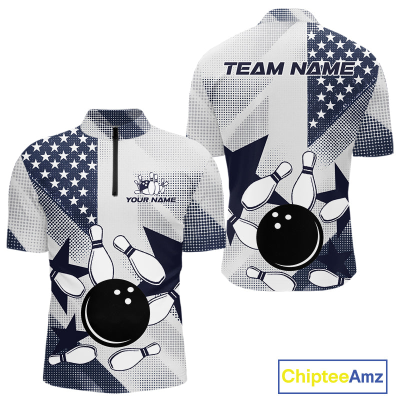 White and Blue American Flag Bowling shirts for Men Custom patriotic retro Bowling Team Jersey NQS10248