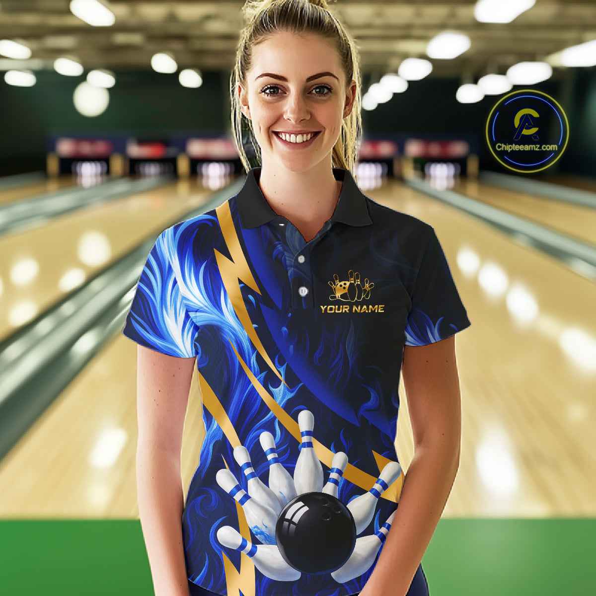 Personalized Bowling Polo, Quarter Zip Shirt for Women Custom Blue Flame and Gold Bowling Team Jersey NQS10446