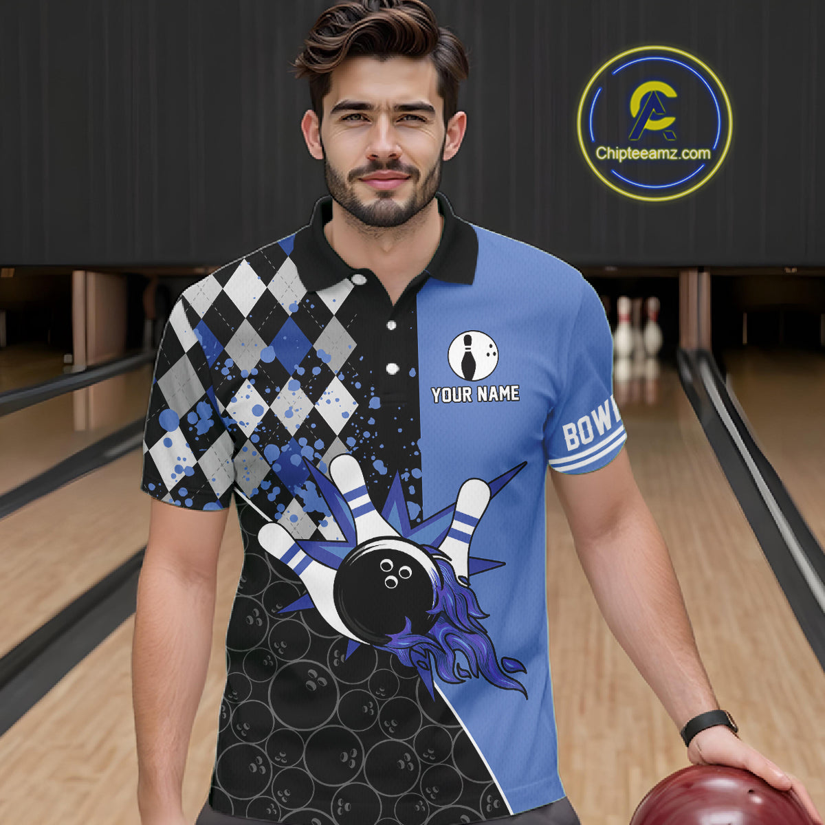 Custom Black and Blue argyle pattern flame Bowling Team Jerseys, Bowling Polo, 1/4 Zip Shirt for Men NQS10451