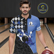 Load image into Gallery viewer, Custom Black and Blue argyle pattern flame Bowling Team Jerseys, Bowling Polo, 1/4 Zip Shirt for Men NQS10451