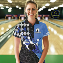 Load image into Gallery viewer, Custom Black and Blue argyle pattern flame Bowling Team Jersey Bowling Polo, 1/4 Zip Shirt for Women NQS10451