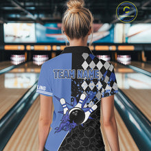 Load image into Gallery viewer, Custom Black and Blue argyle pattern flame Bowling Team Jersey Bowling Polo, 1/4 Zip Shirt for Women NQS10451
