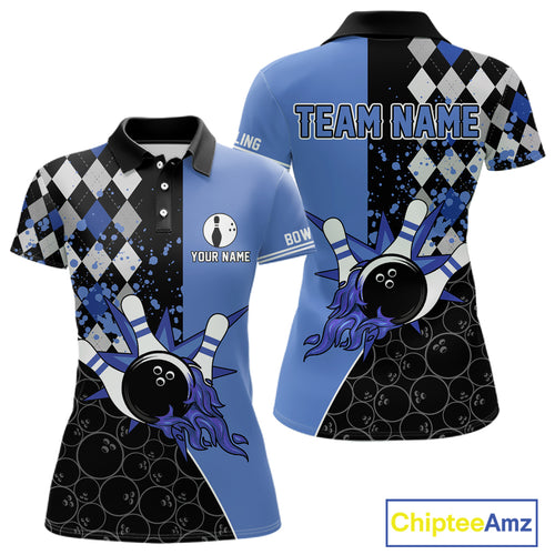 Custom Black and Blue argyle pattern flame Bowling Team Jersey Bowling Polo, 1/4 Zip Shirt for Women NQS10451