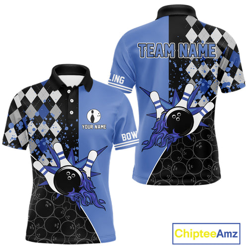 Custom Black and Blue argyle pattern flame Bowling Team Jerseys, Bowling Polo, 1/4 Zip Shirt for Men NQS10451