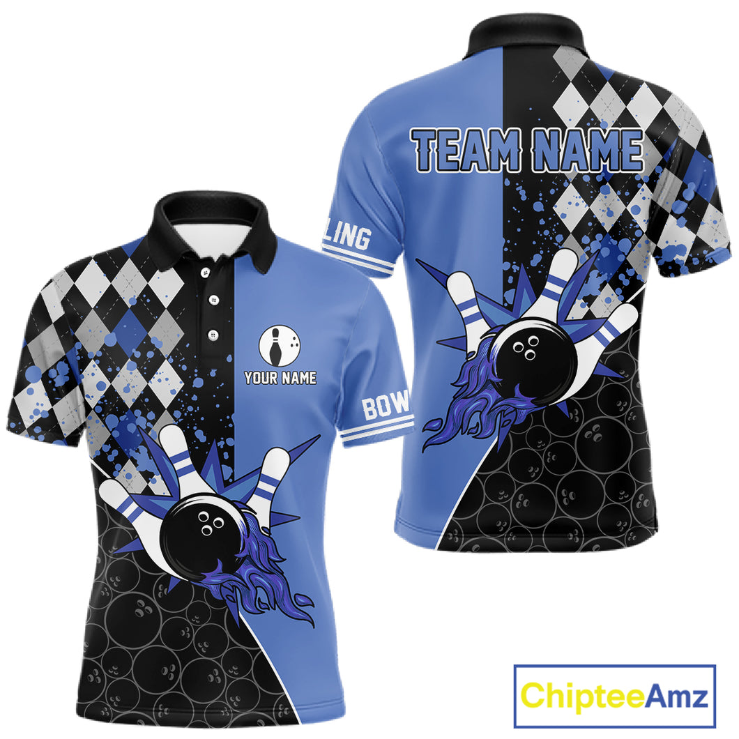 Custom Black and Blue argyle pattern flame Bowling Team Jerseys, Bowling Polo, 1/4 Zip Shirt for Men NQS10451