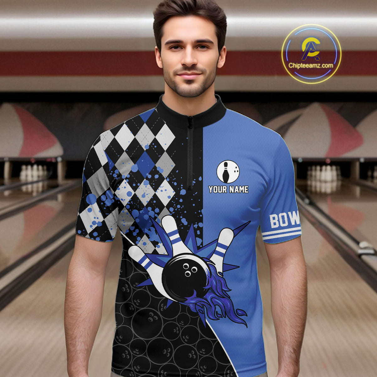 Custom Black and Blue argyle pattern flame Bowling Team Jerseys, Bowling Polo, 1/4 Zip Shirt for Men NQS10451