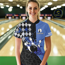 Load image into Gallery viewer, Custom Black and Blue argyle pattern flame Bowling Team Jersey Bowling Polo, 1/4 Zip Shirt for Women NQS10451