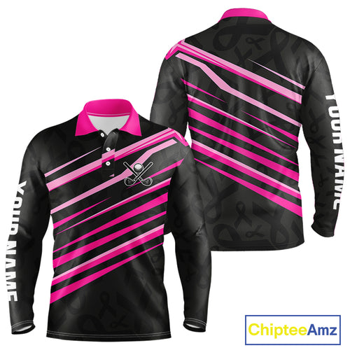 Pink and Black ribbon pattern Men golf polo shirts Custom breast cancer golf attire for men NQS10115