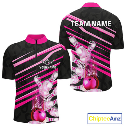 Pink and Black ribbon pattern Men Bowling Shirts Custom breast cancer awareness Team Bowling Jersey NQS10116